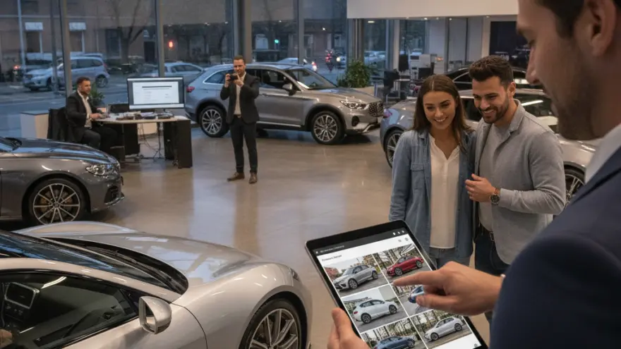 A car salesman shows a digital tablet with vehicle options to a smiling young couple in a spacious dealership showroom.