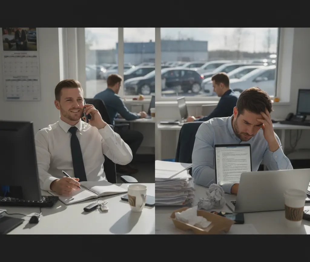 A side-by-side comparison showing a smiling office worker talking on the phone on the left and a stressed office worker looking at a laptop on the right.