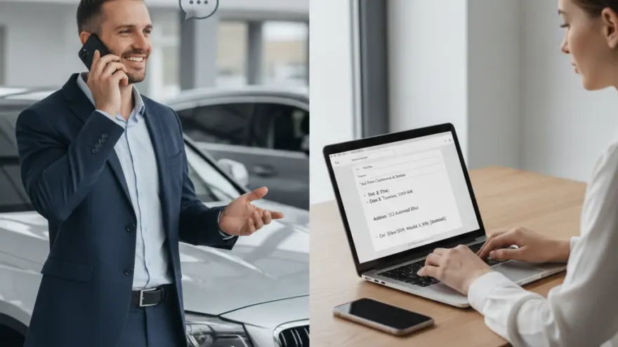 A split-screen image showing a smiling man in a suit talking on a phone next to a silver car, and a woman typing on a laptop at a wooden desk.