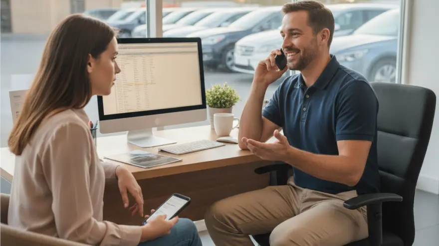 A man talks on a cell phone while sitting at a desk opposite a woman holding a smartphone inside a car dealership showroom.