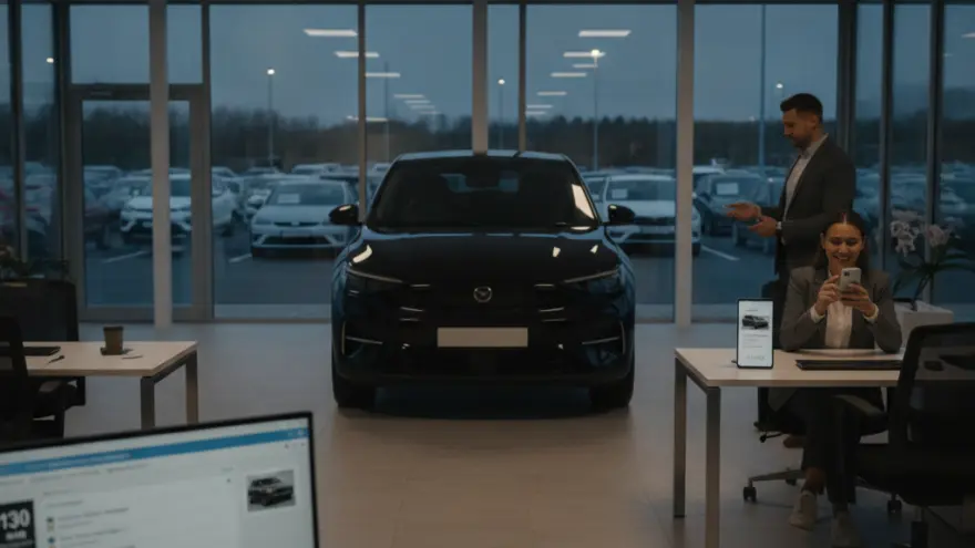 A black car is parked inside a dealership showroom with two employees in suits standing near a desk in the evening.