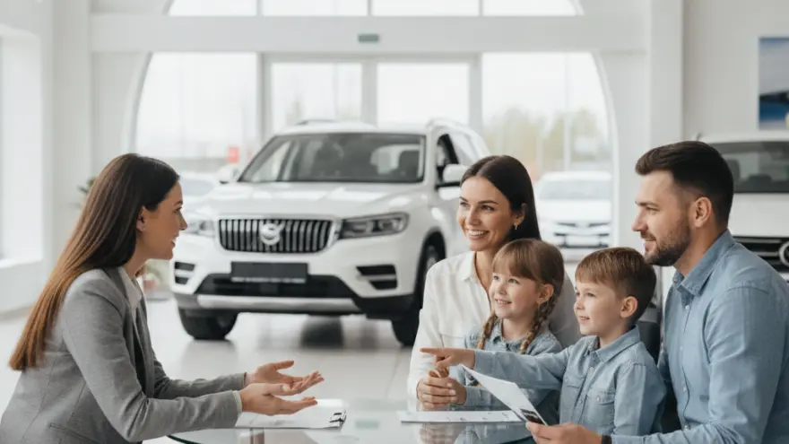 A family of four sits at a glass table in a car showroom talking with a sales representative, with a white SUV visible in the background.