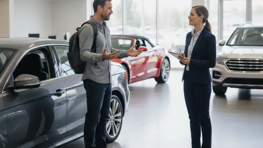 A man with a backpack talks to a saleswoman holding a tablet in a car dealership showroom.