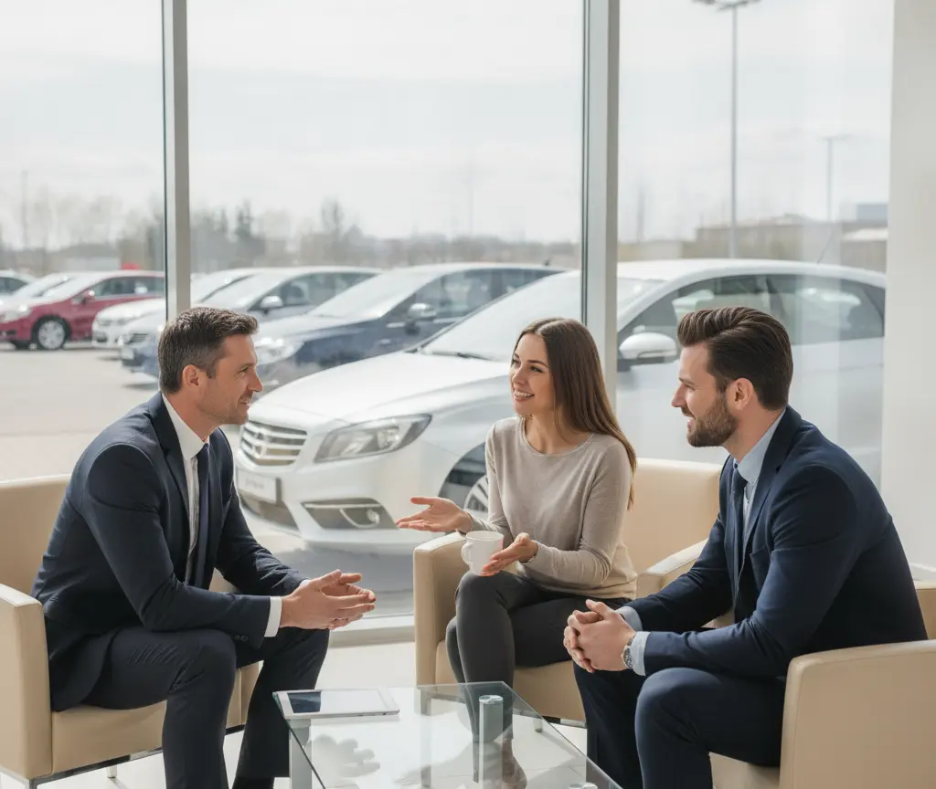 A woman and two men in suits sit in armchairs around a glass coffee table inside a car dealership showroom with vehicles visible through the window.
