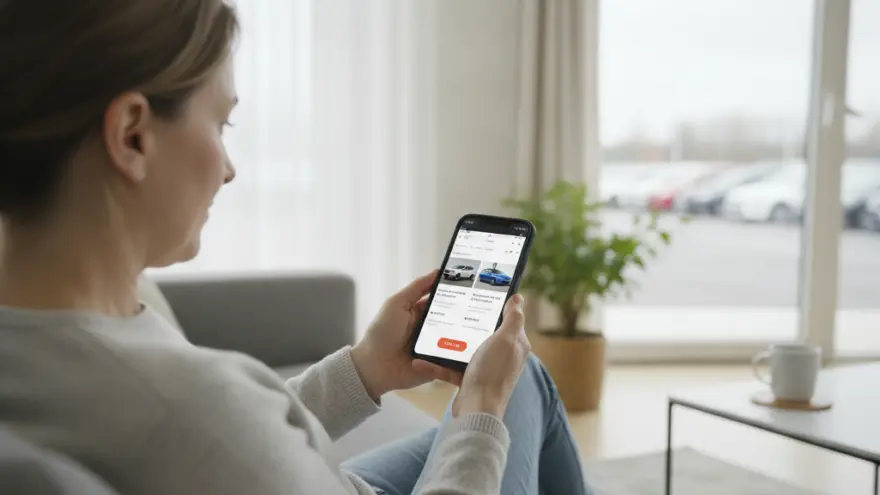 A woman sitting on a sofa looks at a mobile phone displaying a car dealership website with a car lot visible through the window in the background.