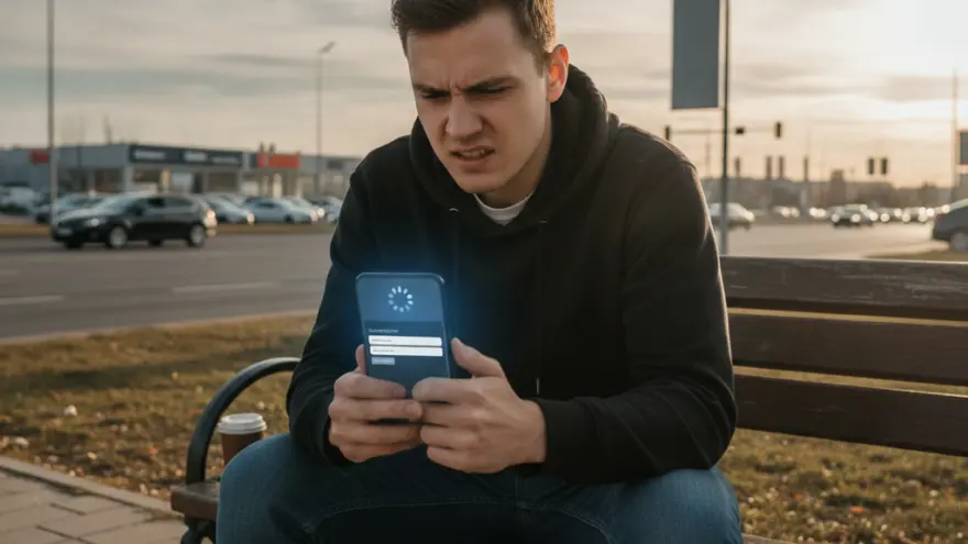 A young man in a black hoodie sits on a park bench, frowning as he looks at a glowing smartphone screen.