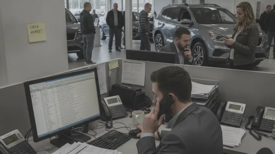 An office worker in a suit talks on a cell phone at his desk in a car dealership showroom with cars and people in the background.