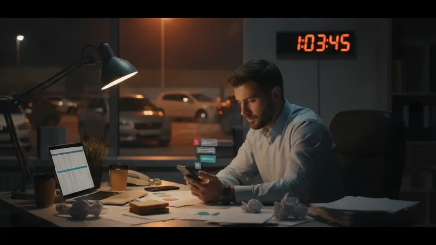 A man sits at an office desk at night looking at his smartphone, with a laptop, papers, and a window showing parked cars in the background.