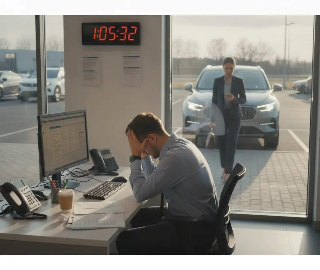 A man sits at an office desk with his head in his hands while a woman walks toward the window from a car dealership lot outside.