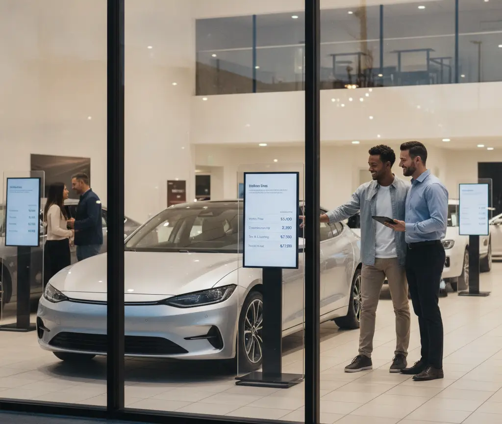 A salesman shows a silver electric car to a customer inside a brightly lit dealership showroom.