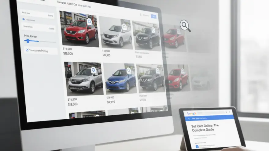 A desktop computer displaying a car dealership website next to a tablet showing an online guide on a wooden desk.