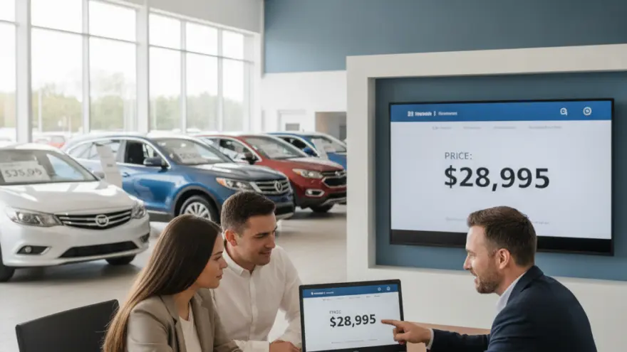 A salesman points to a laptop screen showing a price of twenty-eight thousand nine hundred ninety-five dollars while sitting at a desk with a couple inside a car dealership showroom.