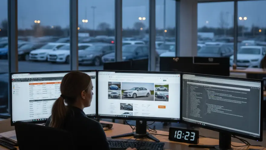 A woman sits at a desk with three computer monitors showing car listings and data, with a car lot visible through the window behind her.