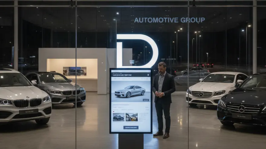 A man in a suit stands next to an interactive digital kiosk inside a modern car showroom at night, with several luxury cars parked on the polished floor.