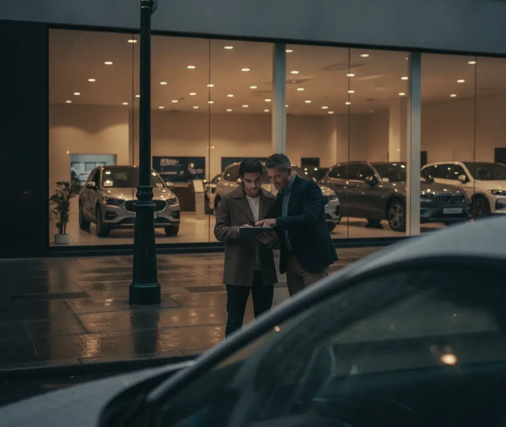 Two men stand on a wet sidewalk at dusk looking at a tablet in front of a car dealership showroom filled with SUVs.