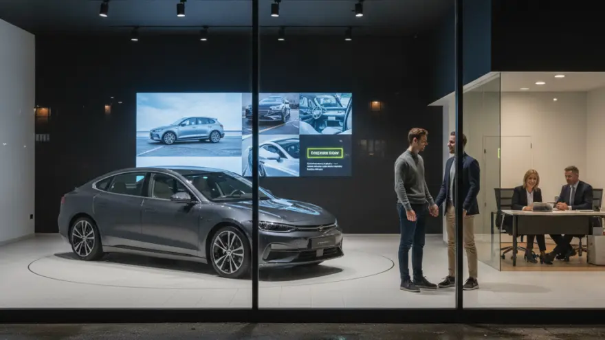 A grey sedan sits on a rotating platform inside a modern car dealership showroom at night, viewed through a large glass window while two men shake hands nearby.