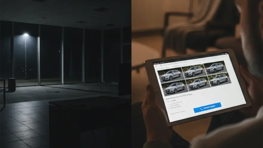 A split image showing a dark, empty office building at night on the left, and a person looking at a car dealership website on a tablet on the right.