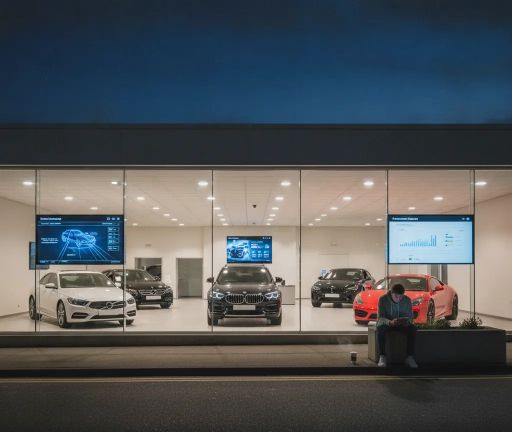 A person sits on a low wall outside a brightly lit car dealership showroom at night, looking at a phone with several cars visible behind the glass windows.