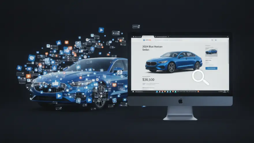 A blue sedan is shown next to a computer monitor displaying a webpage with the same car and a price tag, surrounded by floating digital icons on a dark background.