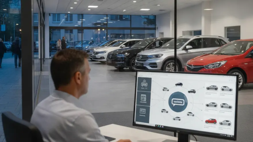 A man sits at a desk using a computer with a car website on the screen, looking through a glass window into a car dealership showroom filled with vehicles.
