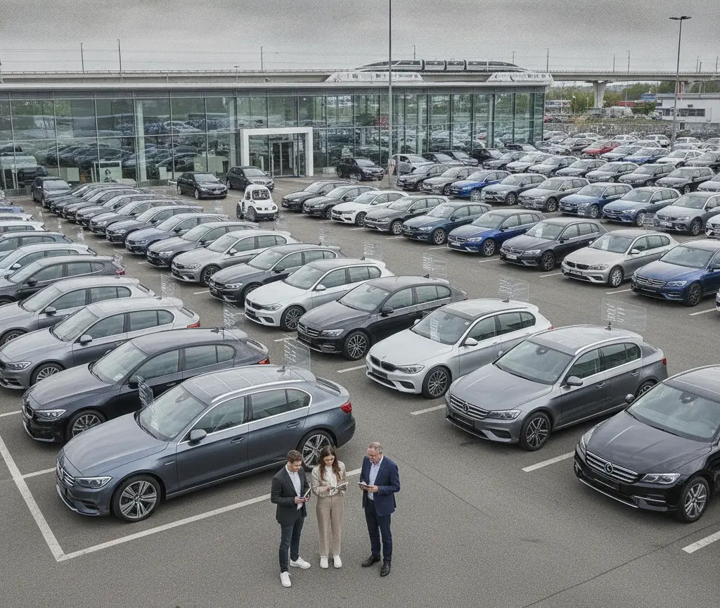 Drei Persone stönd uf em Parkplatz vor eme grosse Autohuus mit vone glesiger Front und reded mitenand, während im Hindergrund vili Autos parkiert sind.