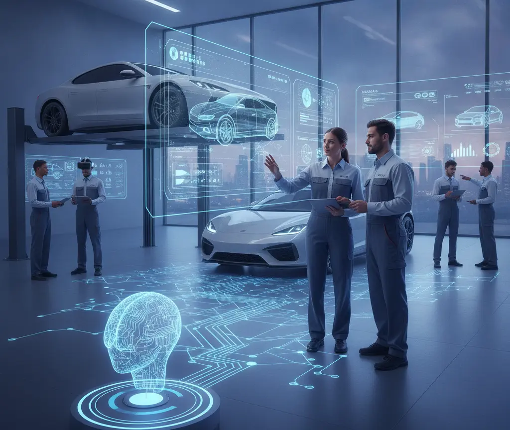 Es Team vo Mechaniker inere Werkstatt mit virtuelle Hologramm vo Auto und eme Hirni.