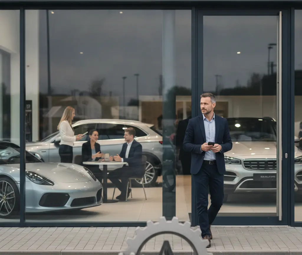 A man in a suit walks outside a car dealership with a phone in hand, while other people and cars are visible through the glass window behind him.