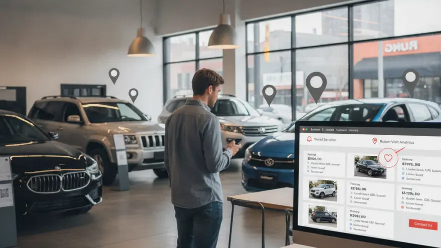 A man stands in a car showroom looking at his phone, with several vehicles parked behind him and a computer monitor showing a website in the foreground.