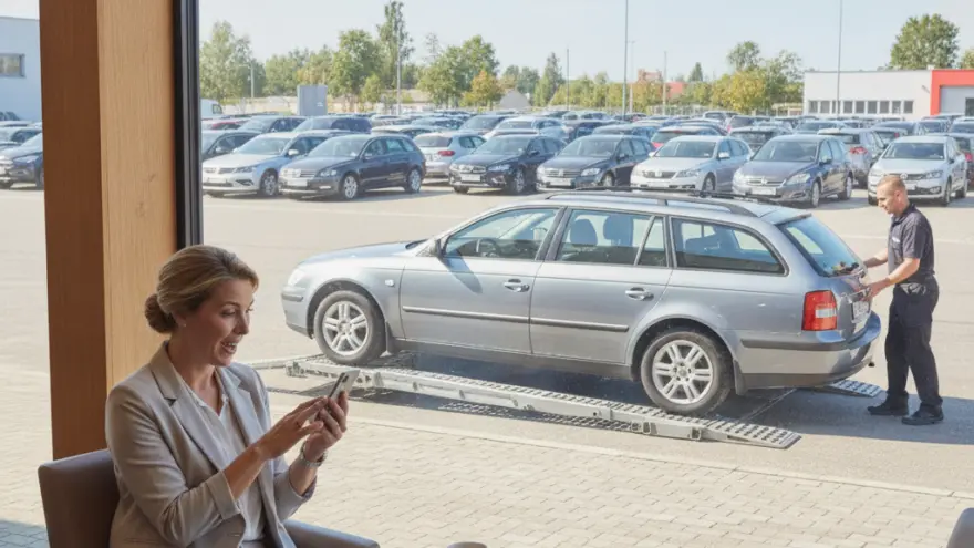 A woman sits in a waiting area looking at her phone while a man inspects a silver station wagon on a ramp outside the window.