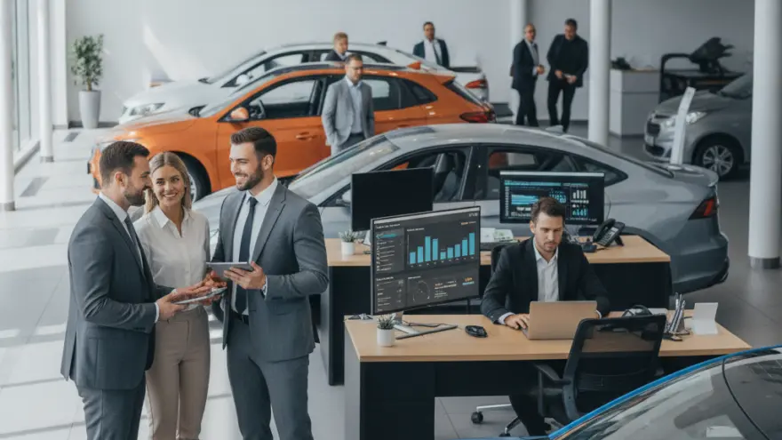 A group of people in business attire talk in a car dealership showroom with several cars on display and employees working at desks.