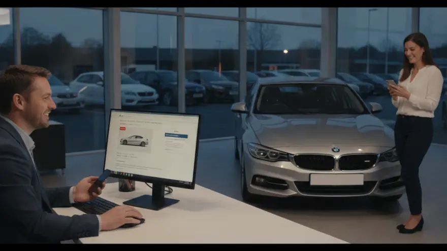 A man sits at a desk looking at a computer monitor showing a car listing, while a woman stands nearby looking at her phone next to a silver sedan inside a dealership showroom.