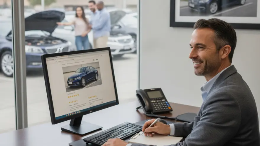 A smiling man in a grey suit sits at a desk looking at a computer monitor while writing on a notepad, with a window behind him showing people looking at cars.