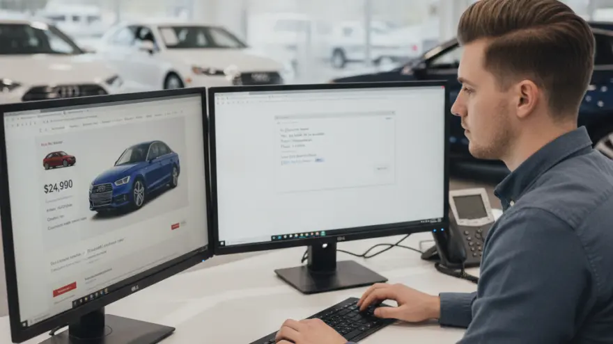 A man sits at a desk in a car showroom, typing on a keyboard in front of two computer monitors displaying car listings and text.