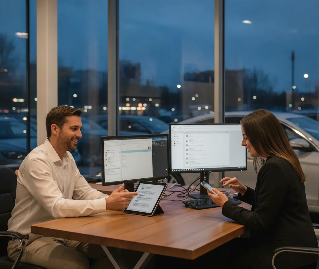 A man in a white shirt and a woman in a black blazer sit at a wooden desk with computer monitors and a tablet inside an office with large windows at dusk.