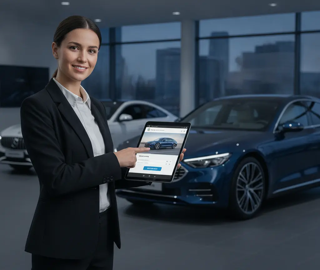 E lächelndi Frau im schwarze Hosesanzug zeigt im Showroom uf es Tablet mit eme blaue Auto druf.